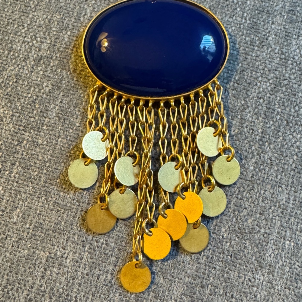 Charming 18k Solid Gold Pendant With Gold Sequins/blue Agate Stone